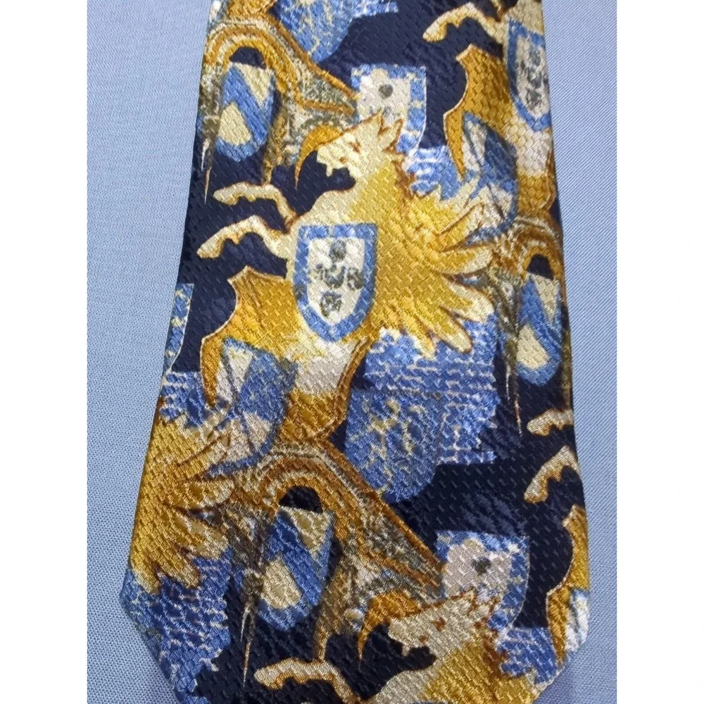 Ermenegildo Zegna Silk Tie‎ Gold Blue Black Heraldic Griffin Crest Made in Italy